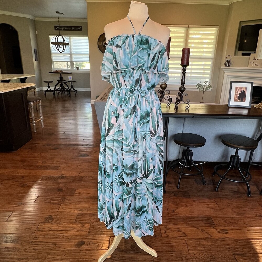 KATE and LILY Dress Size 6 Blue Green Leaf Print Chiffon Shirred Elastic Waist